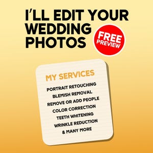 May include: An advertisement with the text "I'LL EDIT YOUR WEDDING PHOTOS" in bold black letters. A red circle with "FREE PREVIEW" is on the right. A notepad lists services: portrait retouching, blemish removal, color correction, teeth whitening, and more.