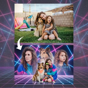 80s family photo, retro portrait, awkward family pic, 80s neon portrait, funny group photo, custom 80s art, 90s style portrait, vintage photo edit, laser photo effect, couple portrait, family poster, retro gift idea, photo from photo