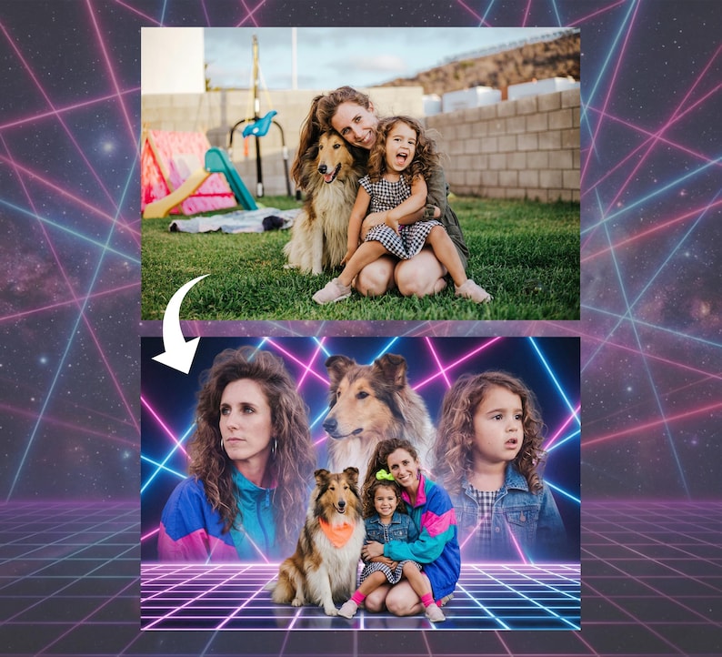 80s family photo, retro portrait, awkward family pic, 80s neon portrait, funny group photo, custom 80s art, 90s style portrait, vintage photo edit, laser photo effect, couple portrait, family poster, retro gift idea, photo from photo