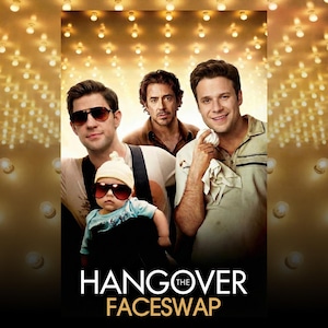 Può includere: Poster del film con quattro persone, tra cui un bambino, con occhiali da sole. Il titolo "Hangover Faceswap" è visualizzato in lettere bianche in basso. Lo sfondo è di colore oro caldo con molte piccole luci.