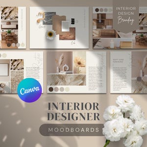 EDITABLE interior designer moodboard templates |  Beige business mood board Canva templates | Branding moodboard for creative brand | BR01