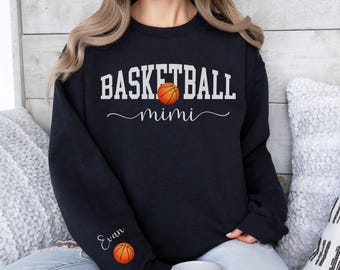 Personalized Basketball Mimi Kids Name On Sleeve Sweatshirt Basketball Grandma Gift Custom Mimi Basketball Mothers Day Gift Game Day Hoodie