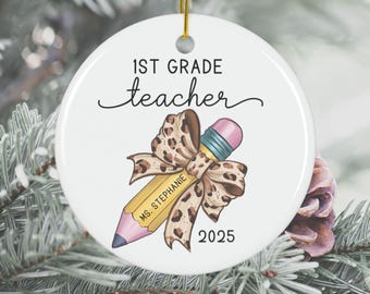 Personalized Leopard Bow Pencil Ornament Teacher Grad Gift First Year Teacher Gift Teacher Ornament Name and Year New Teacher Gift Teacher