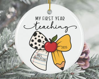 Personalized Teacher Paper Pencil Dalmation Bow Ornament Teacher Grad Gift First Year Teacher Teacher Ornament Name Year New Teacher Gift