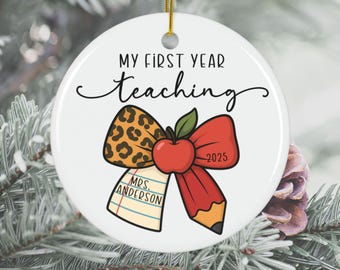 Personalized Teacher Paper Pencil Leopard Bow Ornament Teacher Grad Gift First Year Teacher Gift Teacher Ornament Name Year New Teacher Gift