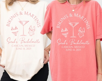 Camiseta de despedida de soltera con bikinis y martinis, despedida de soltera con martini, martinis y bikinis, despedida de soltera en la playa, camisetas personalizadas para despedida de soltera, viaje de chicas