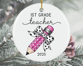 Personalized Pink Checkered Pencil Bow Ornament Teacher Grad Gift First Year Teacher Gift Teacher Ornament Name and Year New Teacher Gift