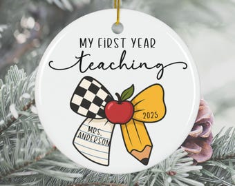 Personalized Paper Pencil Checkered Bow Ornament Teacher Grad Gift First Year Teacher Gift Teacher Ornament Name and Year New Teacher Gift