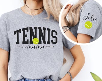 Custom Tennis Mama Shirt with Name on Sleeve Personalized Gift for Tennis Mama Tennis Mama Tee Game Day Mama Custom Mothers Day Gift Tennis