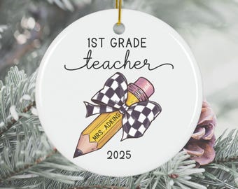 Personalized Checkered Bow Pencil Ornament Teacher Grad Gift First Year Teacher Gift Teacher Ornament Name and Year New Teacher Gift