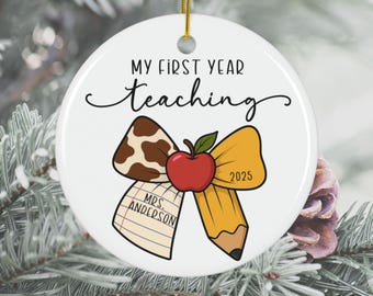 Personalized Teacher Paper Pencil Cow Print Bow Ornament Teacher Grad Gift First Year Teacher Teacher Ornament Name Year New Teacher Gift