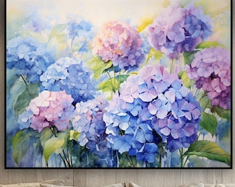 May include: A watercolor painting of a bouquet of blue and pink hydrangeas. The flowers are arranged in a loose, natural style, and the background is a soft, blurred watercolor wash.