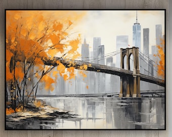 Most Brookliński, jesień, obraz olejny: abstrakcyjny pejzaż Nowego Jorku na płótnie