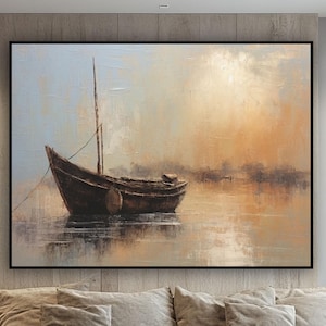 Barco de madera, velero, mar, azul abstracto, 100 % pintado a mano, pintura texturizada, pintura al óleo abstracta, pintura acrílica, decoración de pared para sala de estar
