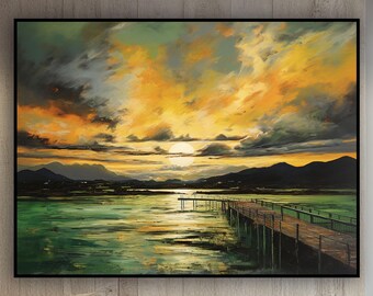 Hand Painted Sunset Lake Pier Oil Painting, Abstract Textured Canvas Art