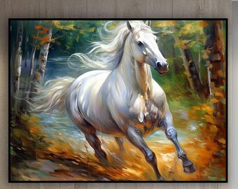 Majestic White Horse Painting: Abstract Textured Oil, Rustic Wall Decor