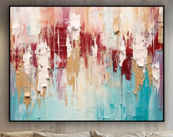 Textured Abstract Oil Painting, Red, Turquoise, White, Hand Painted Canvas