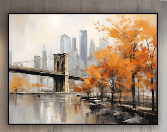 Hand-Painted Brooklyn Bridge Oil Painting: Autumn Cityscape Canvas Art