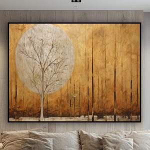 Textured Abstract Bronze - Gold and White Tree Oil Painting, Wall Decor Living Room