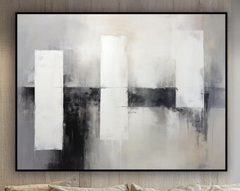 Arte abstracto en blanco y negro y gris: pintura al óleo minimalista moderna para sala de estar