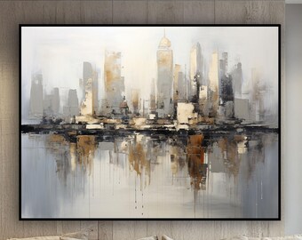 Textured Abstract Cityscape Painting: Grey & Gold Urban Skyline Art