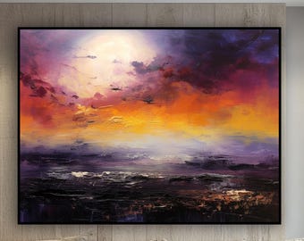Hand-Painted Sunset Horizon Abstract Oil Painting: Textured Seascape Wall Art