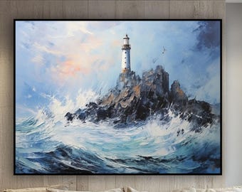 テクスチャのある灯台の油絵：荒々しい波の抽象芸術 - Etsy 日本