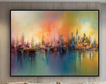 Handgemaltes Stadtansicht Ölgemälde: Abstrakte Skyline Reflection Art