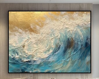 テクスチャ油絵：抽象的な金色の海景、泡立つ波 - Etsy 日本