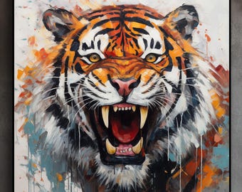 Dipinto ad olio astratto di tigre: vibrante tela artistica raffigurante un animale ruggente