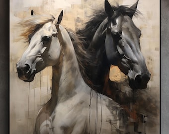 Abstract Black and White Horse Oil Painting: Textured Equine Wall Art