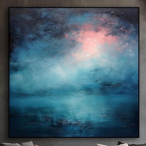 Abstract Sunset at Sea, Blue and Pink, 100% Hand Painted, Textured Painting, Abstract Oil Painting, Acrylic Painting, Wall Decor Living Room