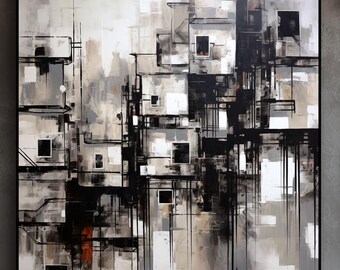Monochrome Cityscape Painting: Abstract Textured Canvas Art