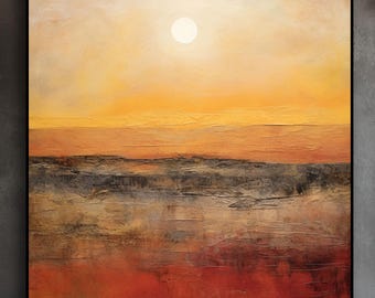 Textured Sunset Landscape Painting: Abstract Orange Red Wall Art
