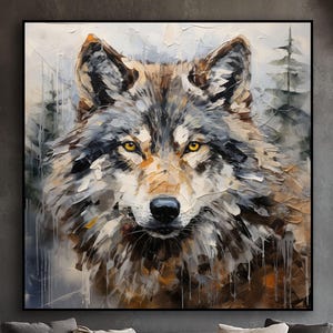 Wolf Portrait in Forest, Wild Animal,  100% Hand Painted, Textured Painting, Abstract Oil Painting, Acrylic Painting, Wall Decor Living Room