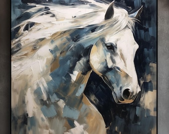 Dipinto a olio di cavallo bianco dipinto a mano: ritratto di animale astratto