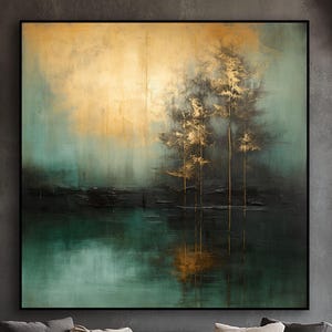 Golden Forest Reflected in Teal Waters, 100% Hand Painted,Textured Painting,Abstract Oil Painting,Acrylic Painting,Wall Decor Living Room