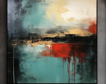 Abstract Turquoise Red Gold Black Painting, Large Modern Textured Wall Art, Oil Acrylic Painting