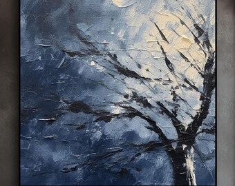 Textured Winter Tree Oil Painting: Night Blue Abstract Art,Wall Decor Living Room