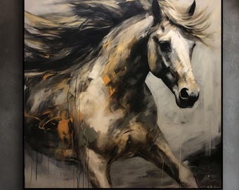 Abstract Black and White Horse Oil Painting, Textured Equine Wall Art