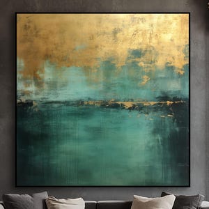 Gold Sky And Sea, Green, Blue, Teal Waters,100% Hand Painted,Textured Painting,Abstract Oil Painting,Acrylic Painting,Wall Decor Living Room