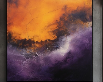 Tonos abstractos del atardecer pintados a mano: Arte mural texturizado en tonos púrpura y naranja