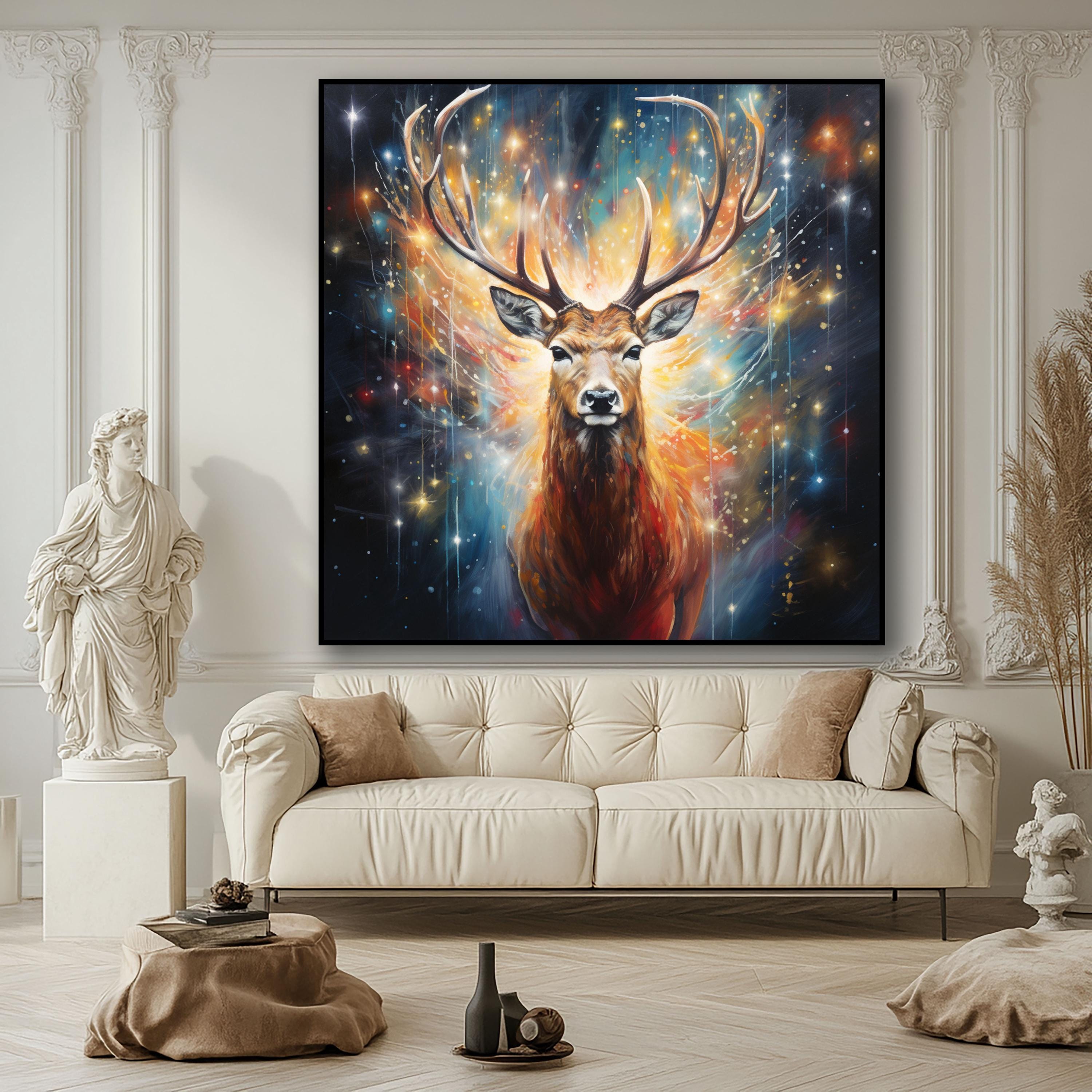 抽象的な鹿の絵：カラフルな質感の油絵とアクリル絵の具による壁アート