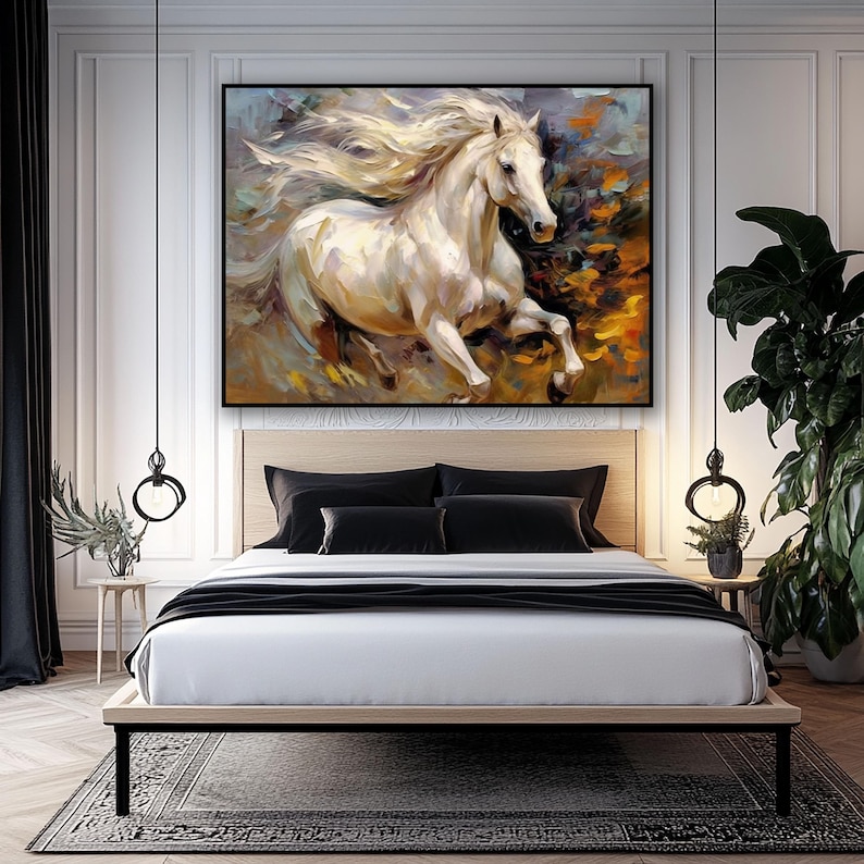 Hand-painted Galloping White Horse Oil Painting: Abstract Textured Wall ...