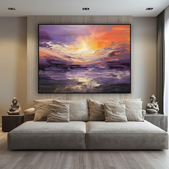 嵐の夕焼けの海の絵画：テクスチャのある抽象画、紫とオレンジ - Etsy 日本