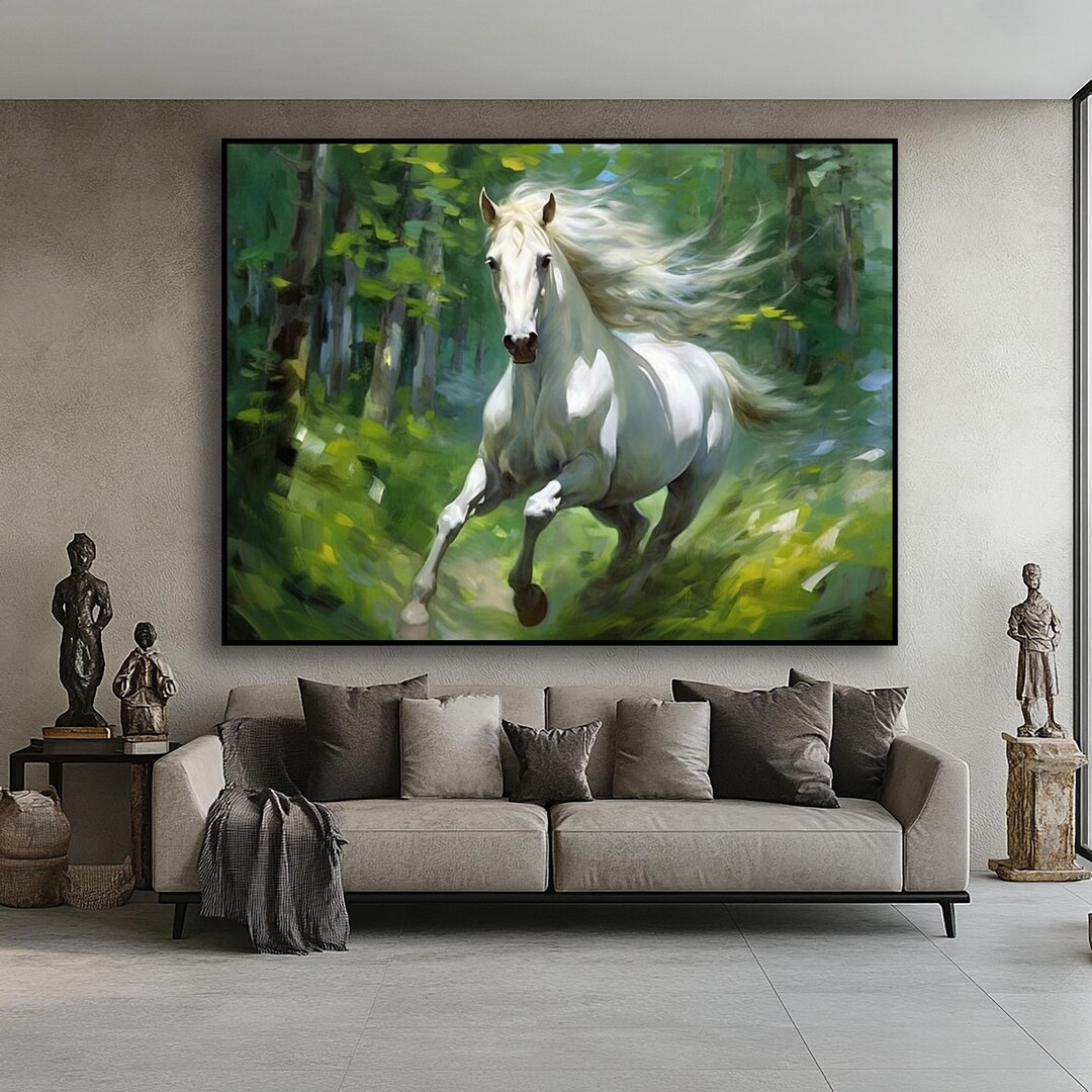 Hand-painted White Horse Oil Painting on Canvas - Abstract Forest Art ...