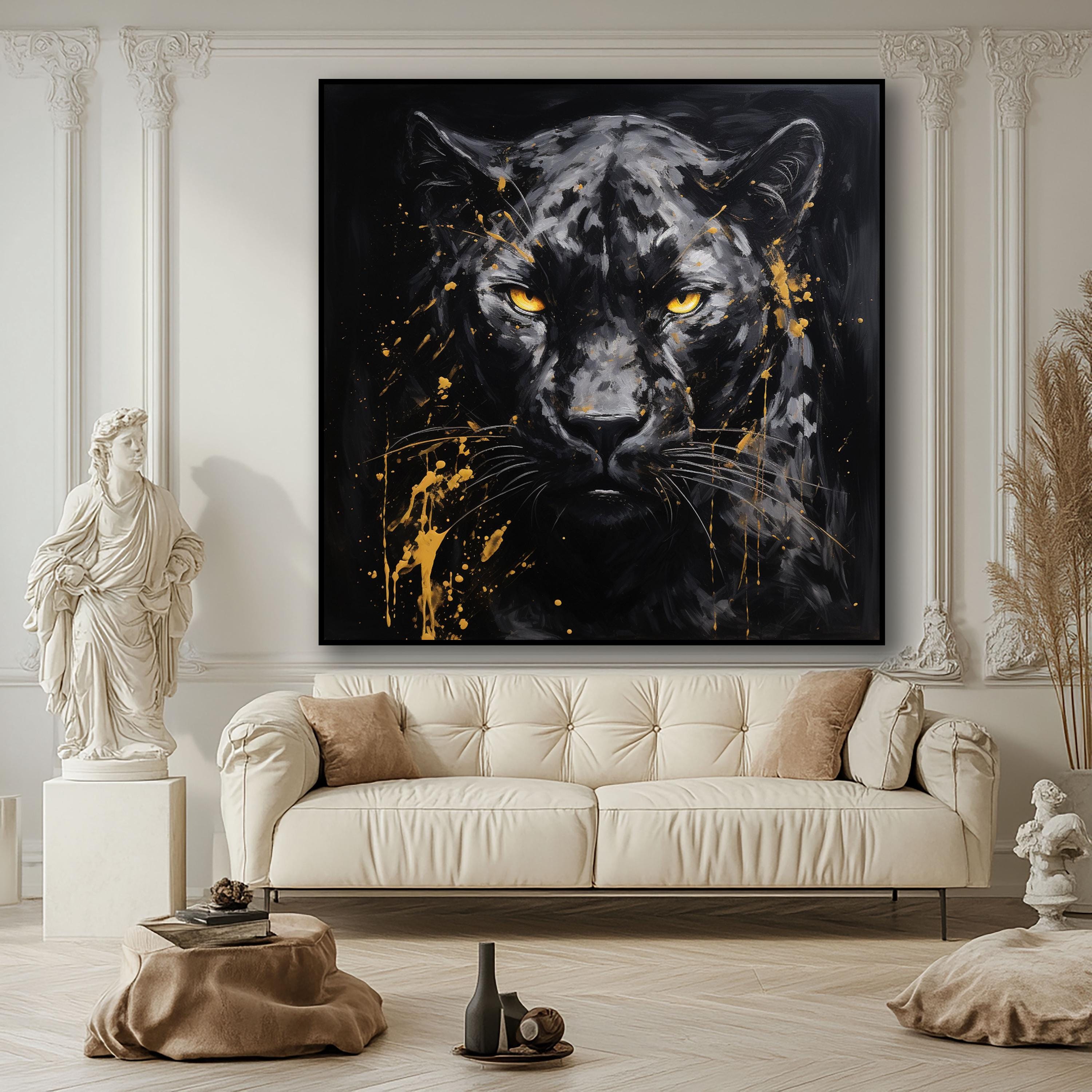 Hand-painted Golden-eyed Black Panther Oil Painting – Abstract Wildlife ...