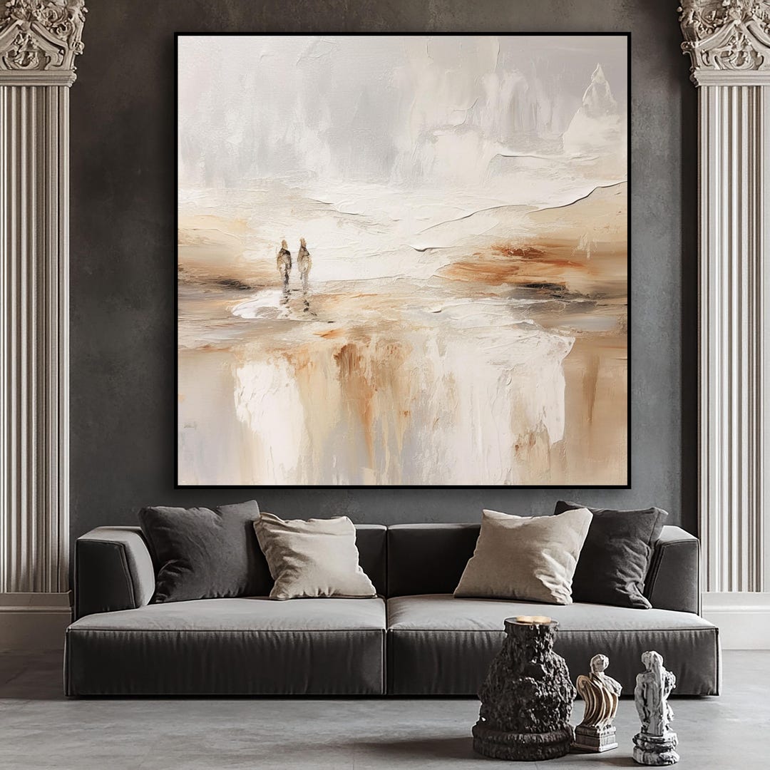 Handmade Beige Abstract Oil Painting: Two Figures, Textured Canvas Art ...