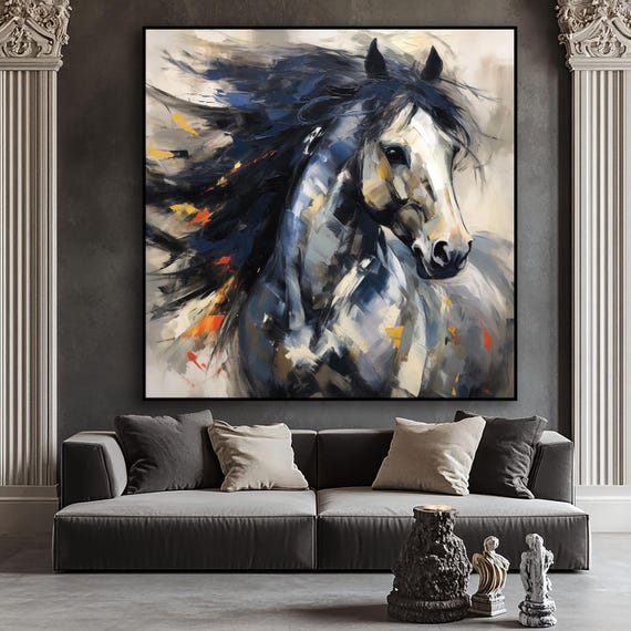 野生の馬の絵画：キャンバスに描かれた抽象的な青い油彩とアクリル
