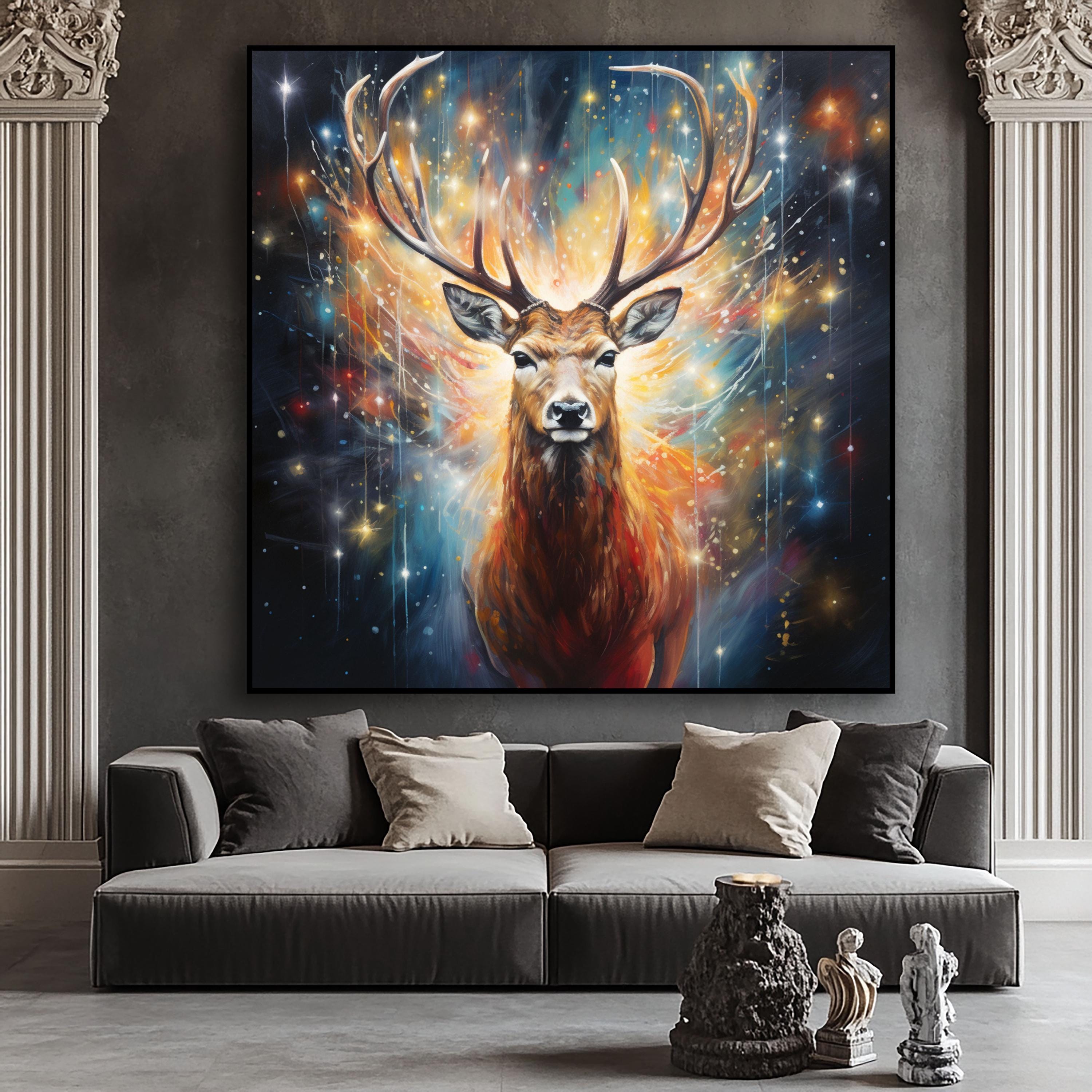 抽象的な鹿の絵：カラフルな質感の油絵とアクリル絵の具による壁アート